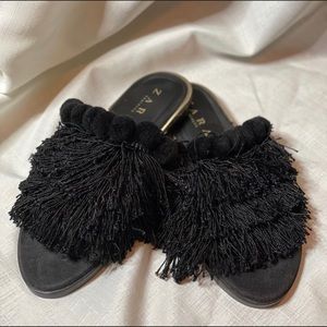 New Zara Trafaluc Black Fringe Pom Pom Mule Slide